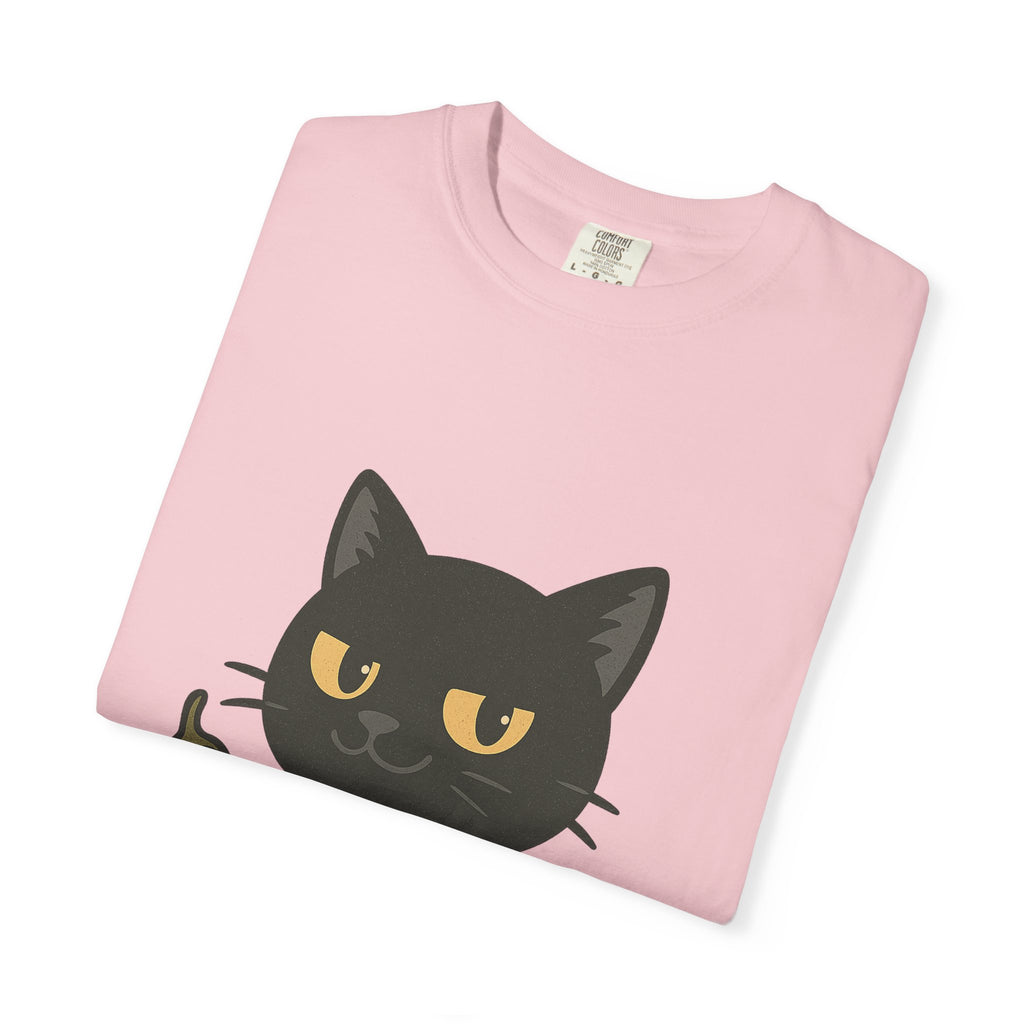 Black Cat Holding Hot Sauce T-Shirt — Cute Spicy Cat Graphic Tee