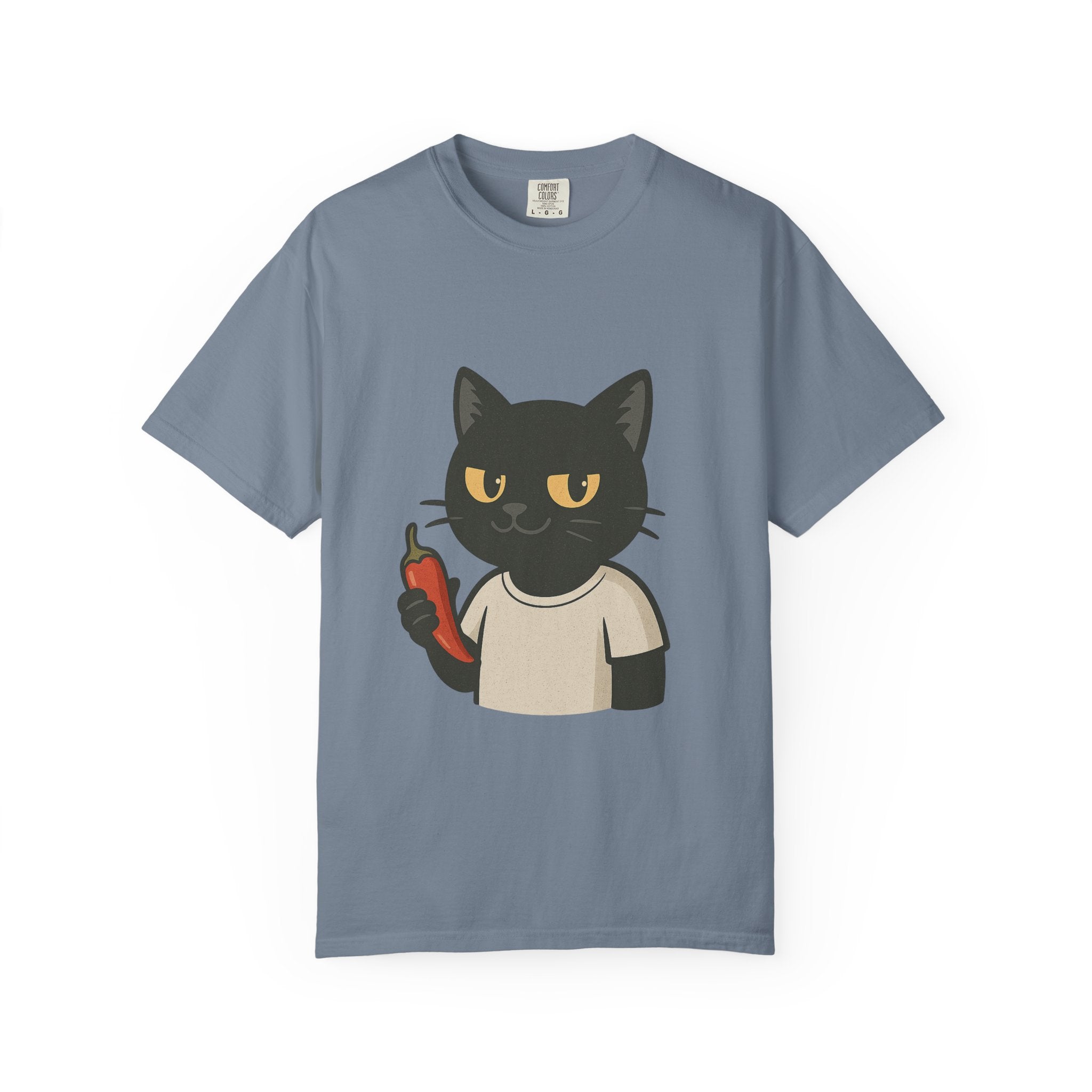 Black Cat Holding Hot Sauce T-Shirt — Cute Spicy Cat Graphic Tee