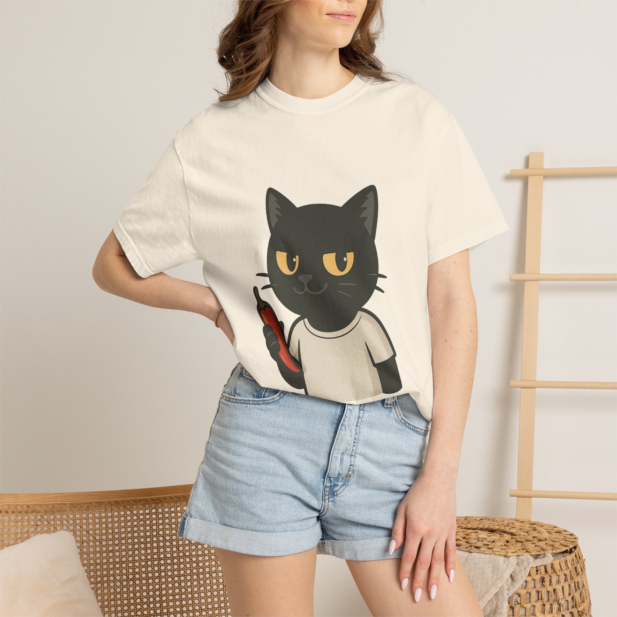 Black Cat Holding Hot Sauce T-Shirt — Cute Spicy Cat Graphic Tee