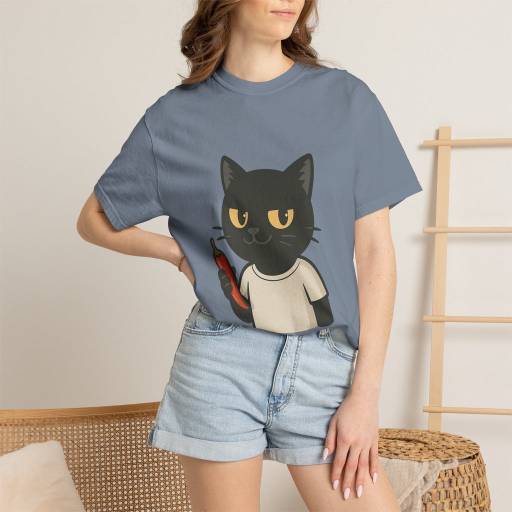 Black Cat Holding Hot Sauce T-Shirt — Cute Spicy Cat Graphic Tee