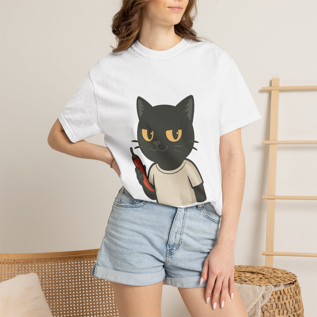 Black Cat Holding Hot Sauce T-Shirt — Cute Spicy Cat Graphic Tee