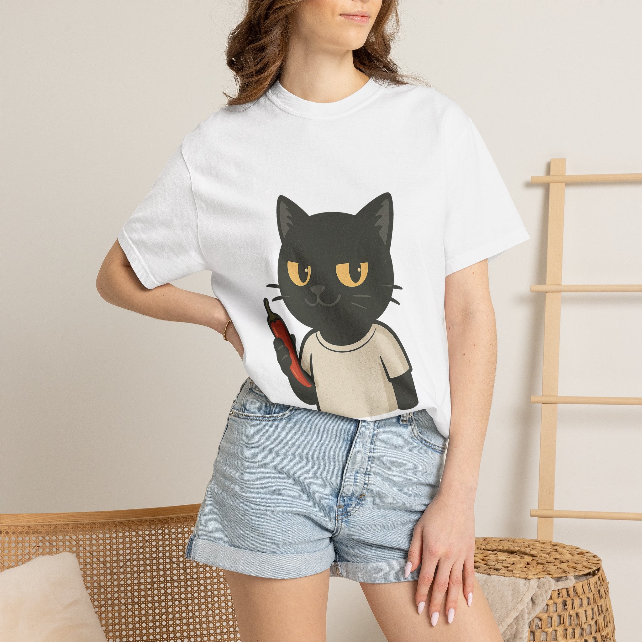 Black Cat Holding Hot Sauce T-Shirt — Cute Spicy Cat Graphic Tee