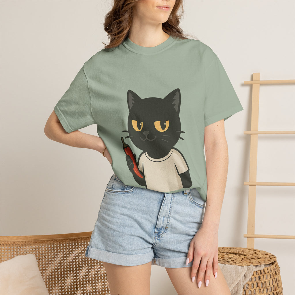 Black Cat Holding Hot Sauce T-Shirt — Cute Spicy Cat Graphic Tee