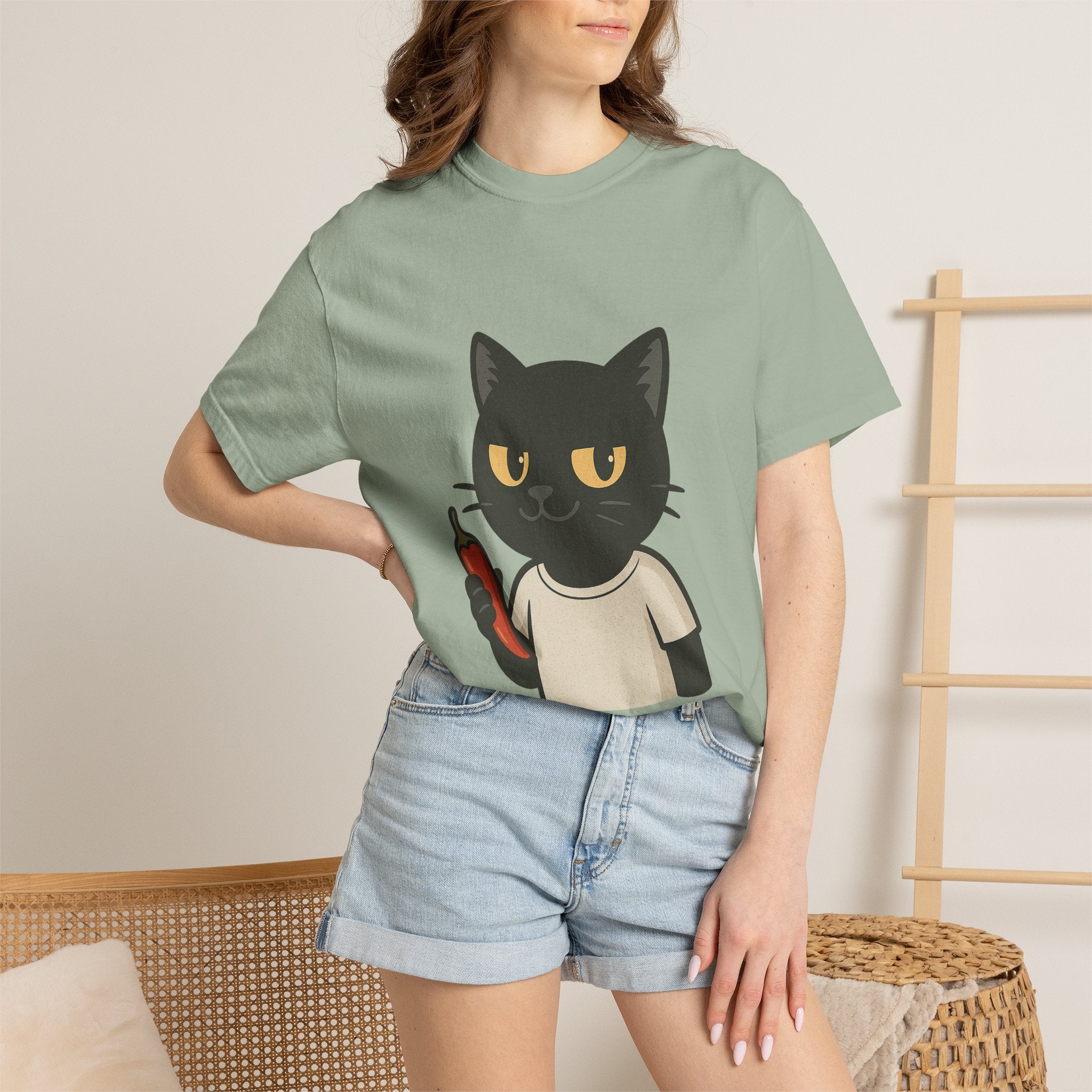 Black Cat Holding Hot Sauce T-Shirt — Cute Spicy Cat Graphic Tee