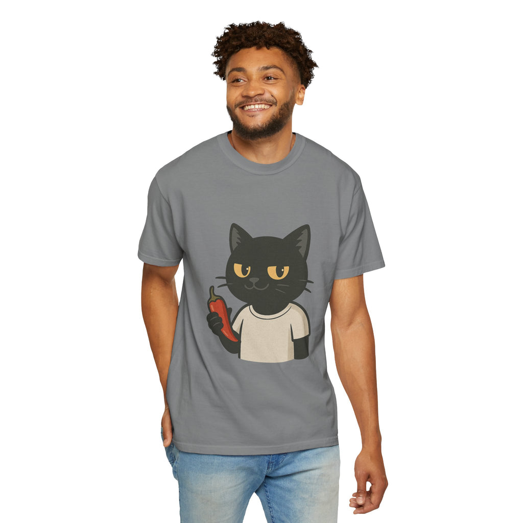 Black Cat Holding Hot Sauce T-Shirt — Cute Spicy Cat Graphic Tee