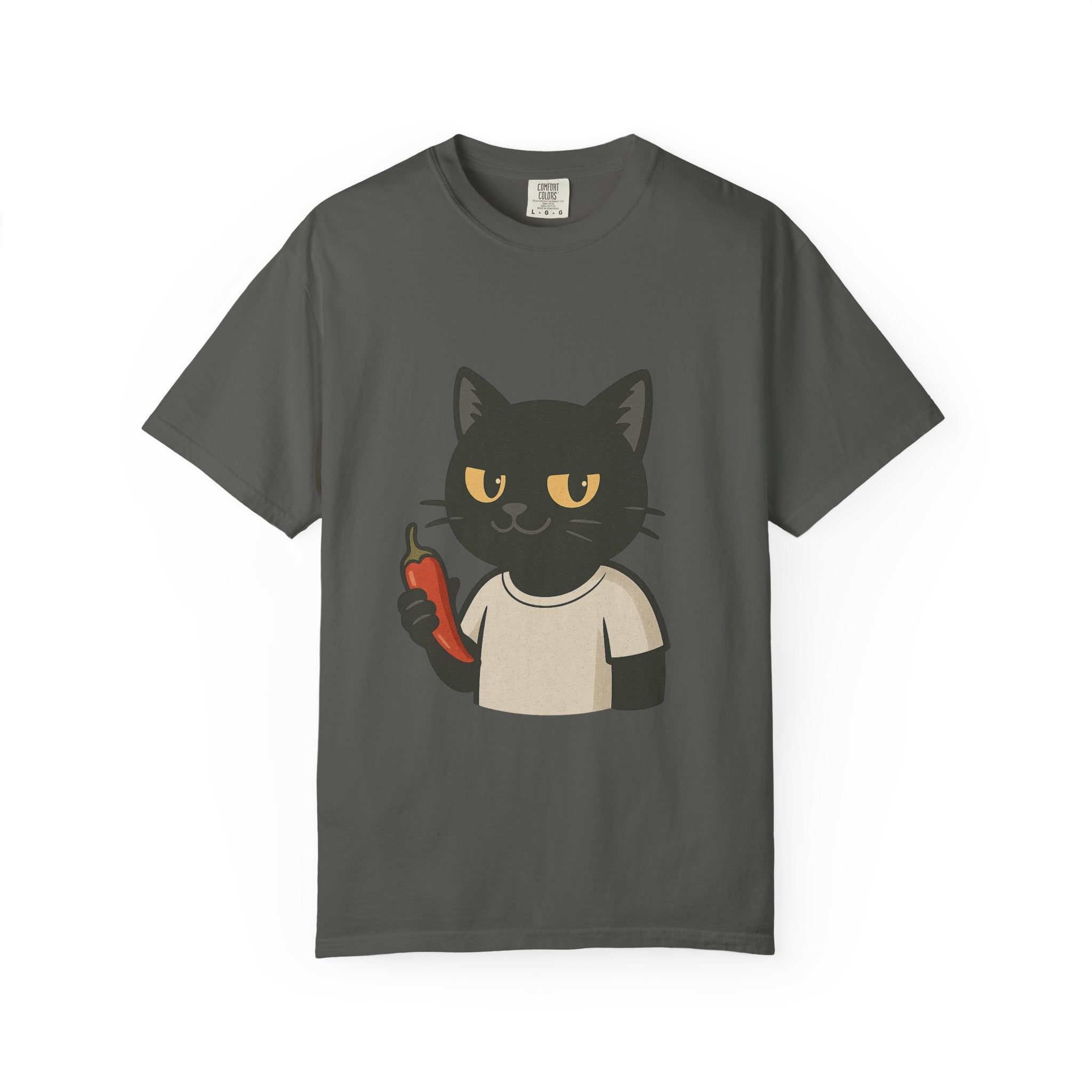 Black Cat Holding Hot Sauce T-Shirt — Cute Spicy Cat Graphic Tee