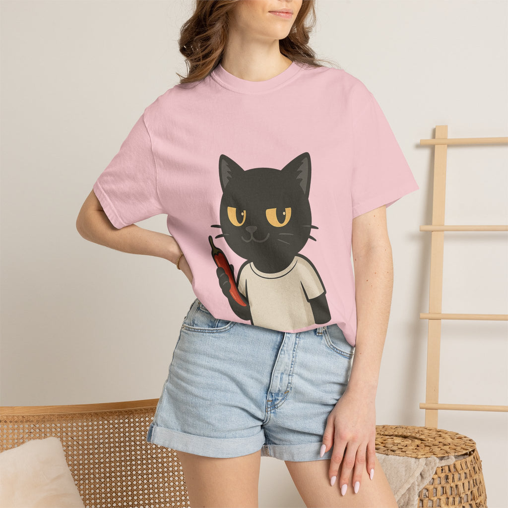 Black Cat Holding Hot Sauce T-Shirt — Cute Spicy Cat Graphic Tee