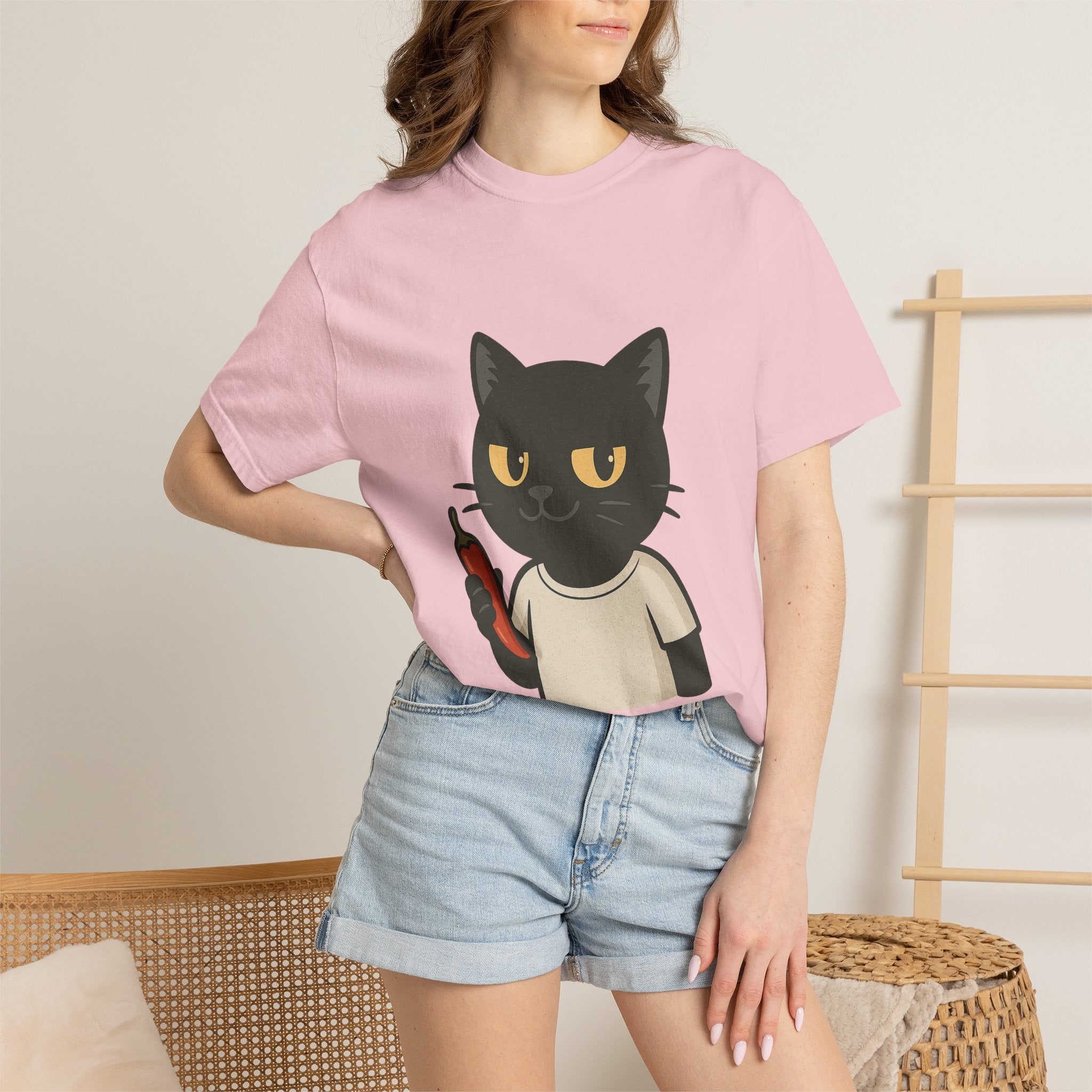 Black Cat Holding Hot Sauce T-Shirt — Cute Spicy Cat Graphic Tee
