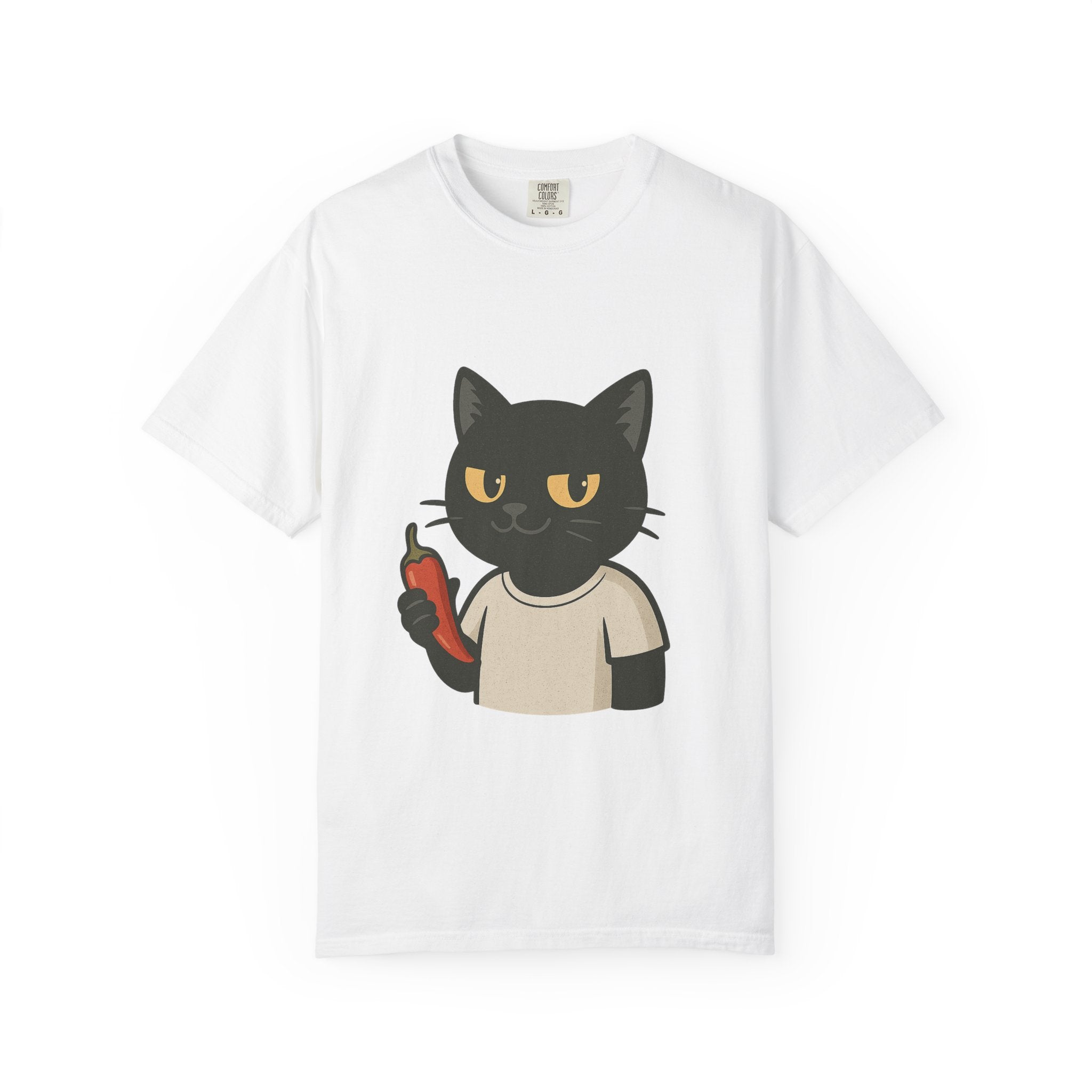 Black Cat Holding Hot Sauce T-Shirt — Cute Spicy Cat Graphic Tee