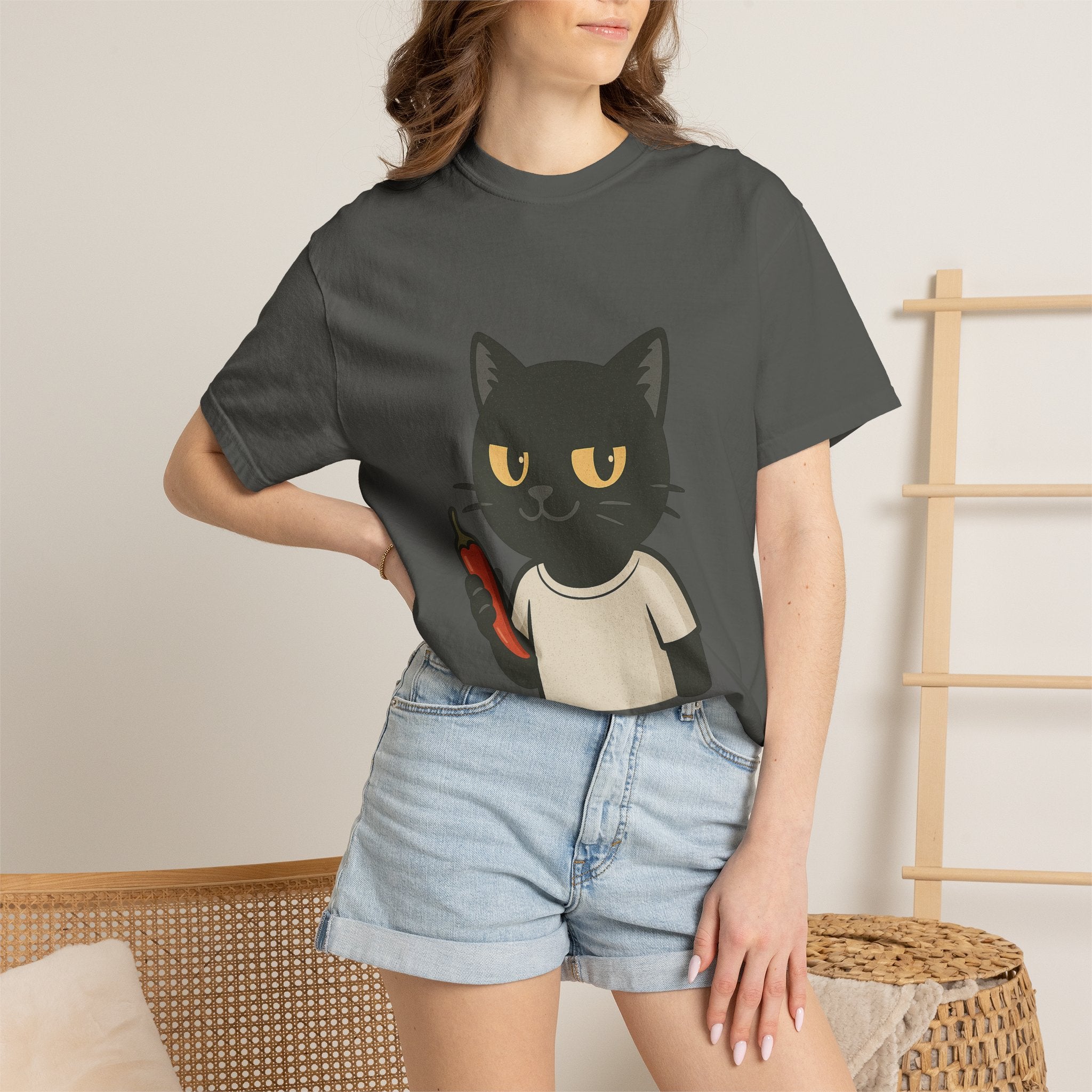Black Cat Holding Hot Sauce T-Shirt — Cute Spicy Cat Graphic Tee