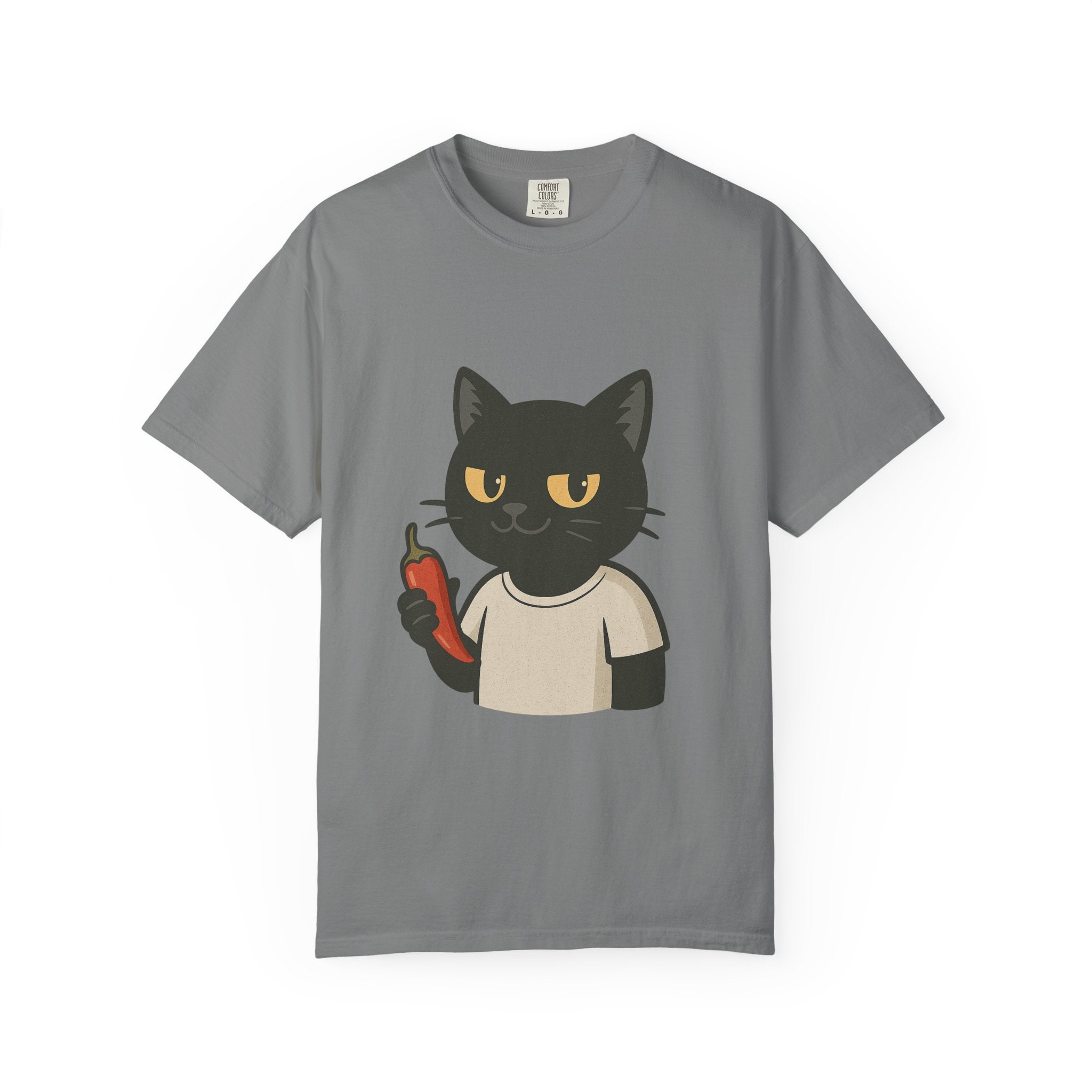 Black Cat Holding Hot Sauce T-Shirt — Cute Spicy Cat Graphic Tee