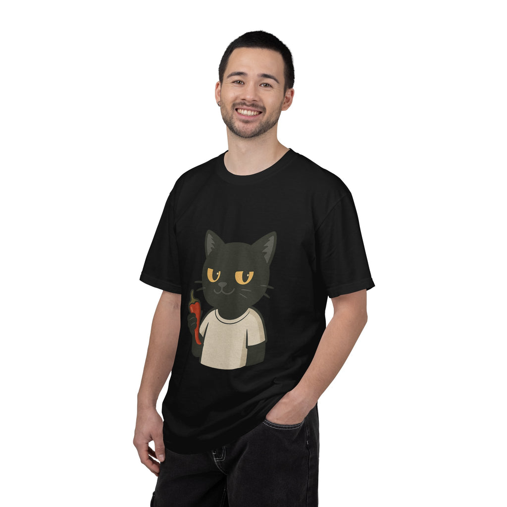 Black Cat Holding Hot Sauce T-Shirt — Cute Spicy Cat Graphic Tee