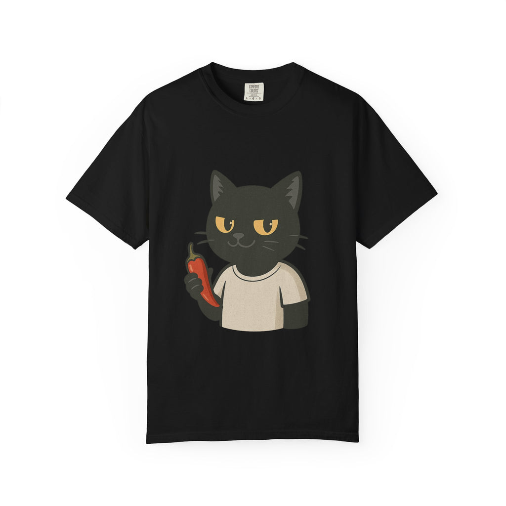 Black Cat Holding Hot Sauce T-Shirt — Cute Spicy Cat Graphic Tee