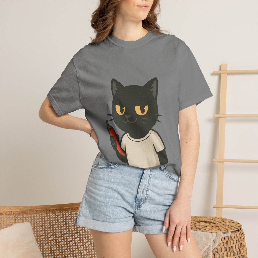 Black Cat Holding Hot Sauce T-Shirt — Cute Spicy Cat Graphic Tee