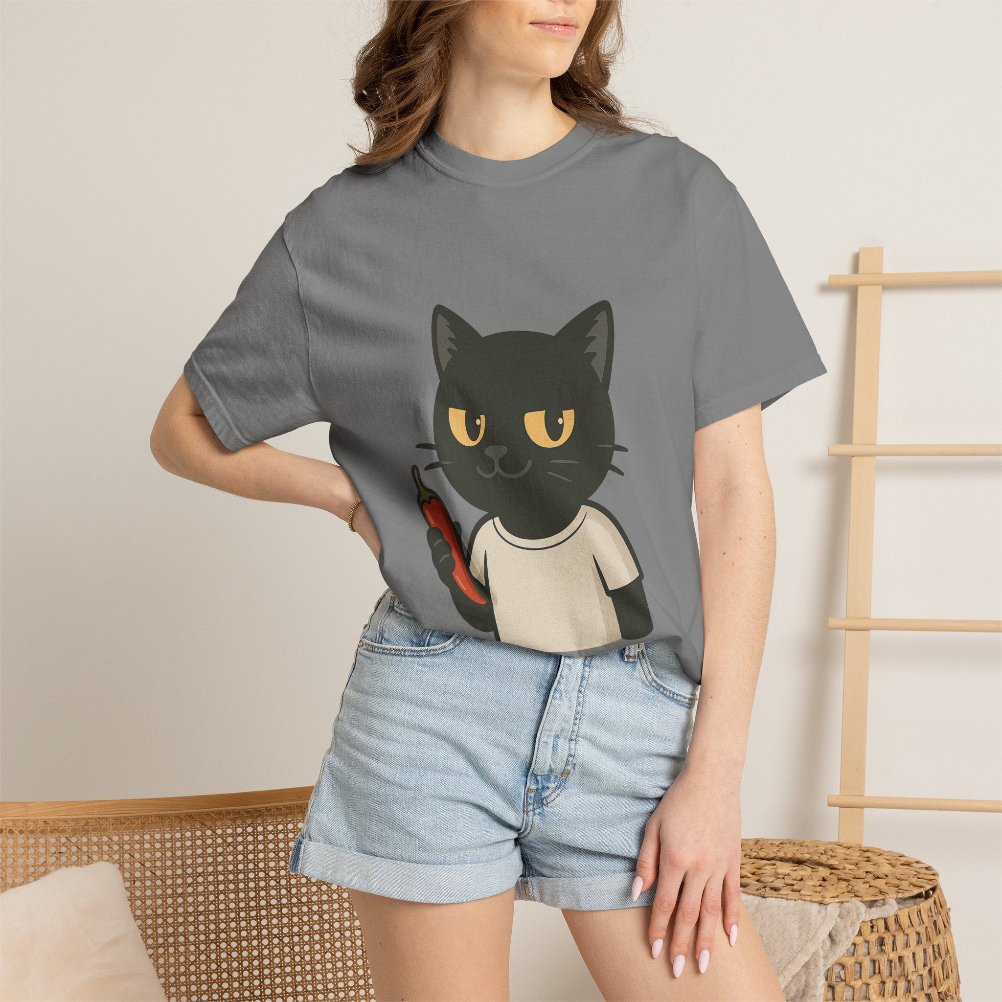 Black Cat Holding Hot Sauce T-Shirt — Cute Spicy Cat Graphic Tee