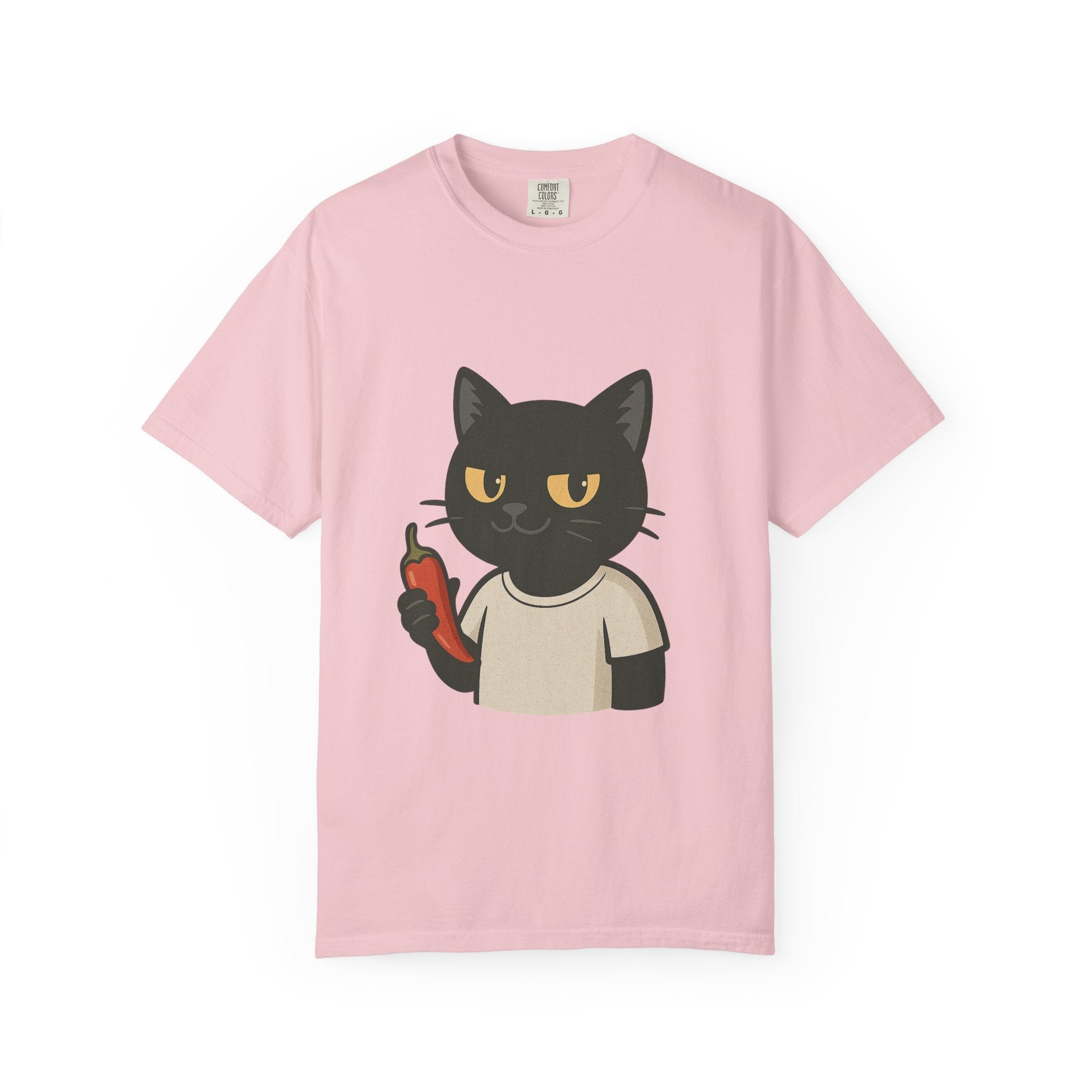 Black Cat Holding Hot Sauce T-Shirt — Cute Spicy Cat Graphic Tee