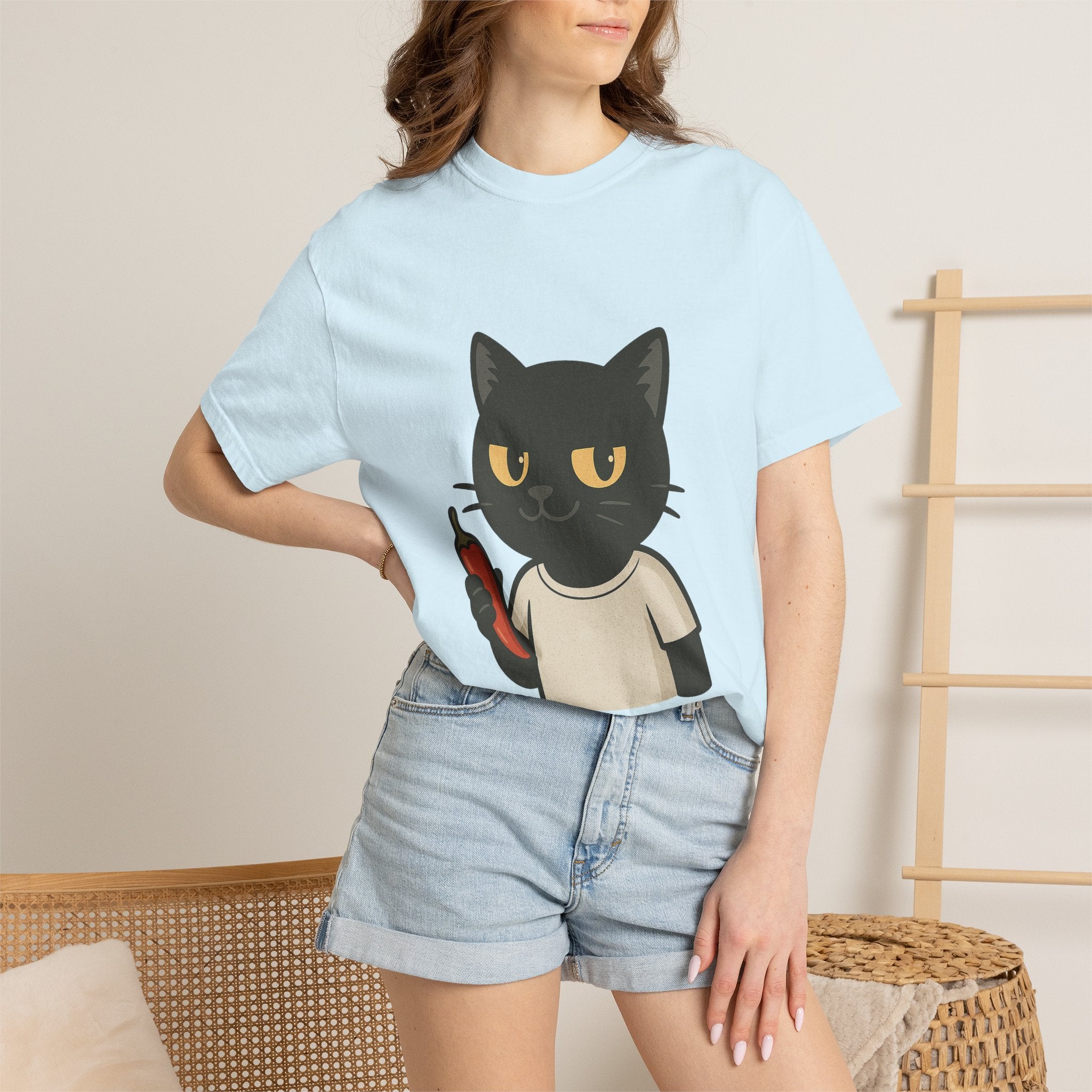 Black Cat Holding Hot Sauce T-Shirt — Cute Spicy Cat Graphic Tee