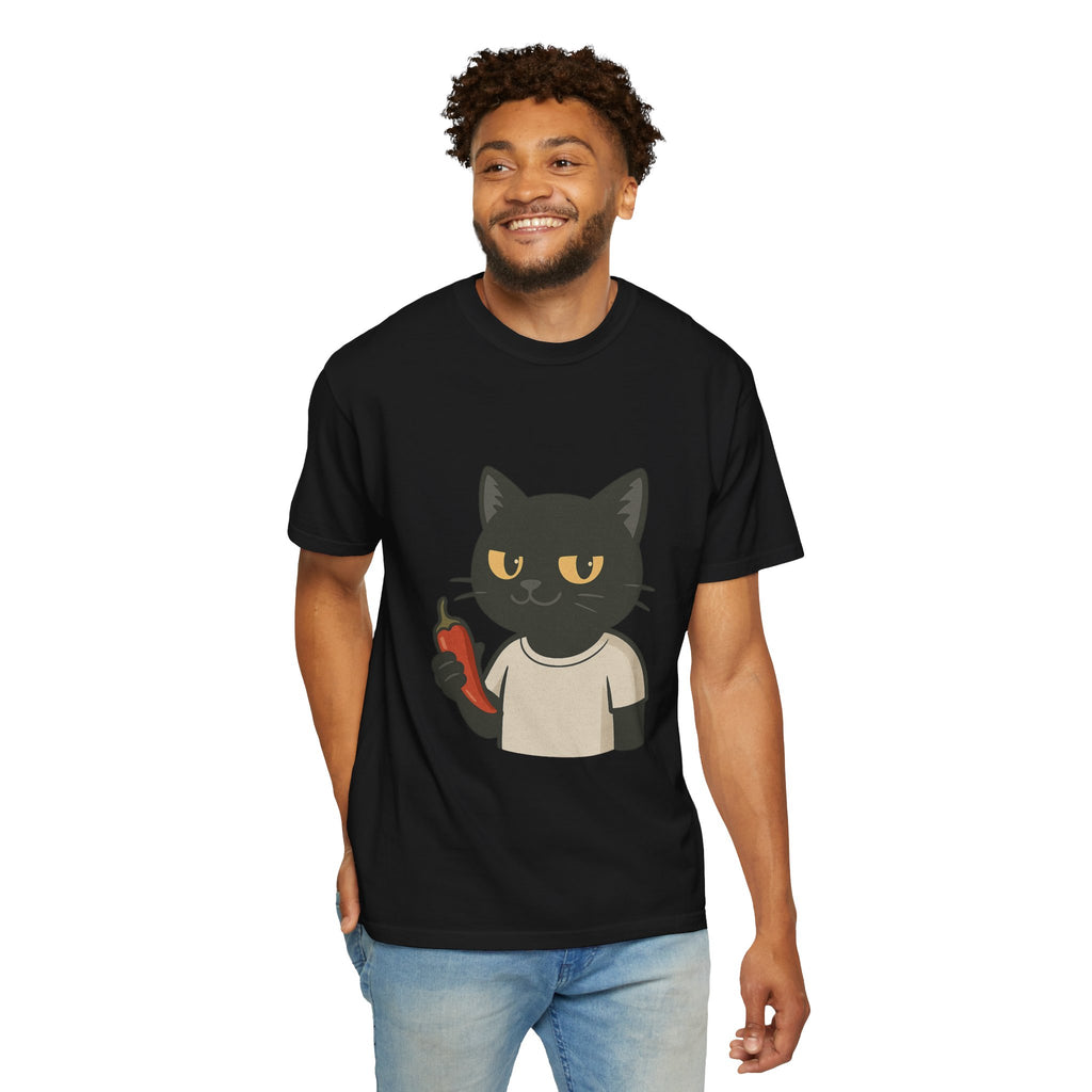 Black Cat Holding Hot Sauce T-Shirt — Cute Spicy Cat Graphic Tee
