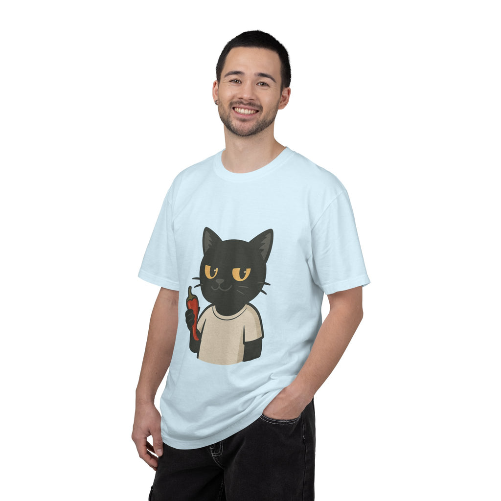 Black Cat Holding Hot Sauce T-Shirt — Cute Spicy Cat Graphic Tee