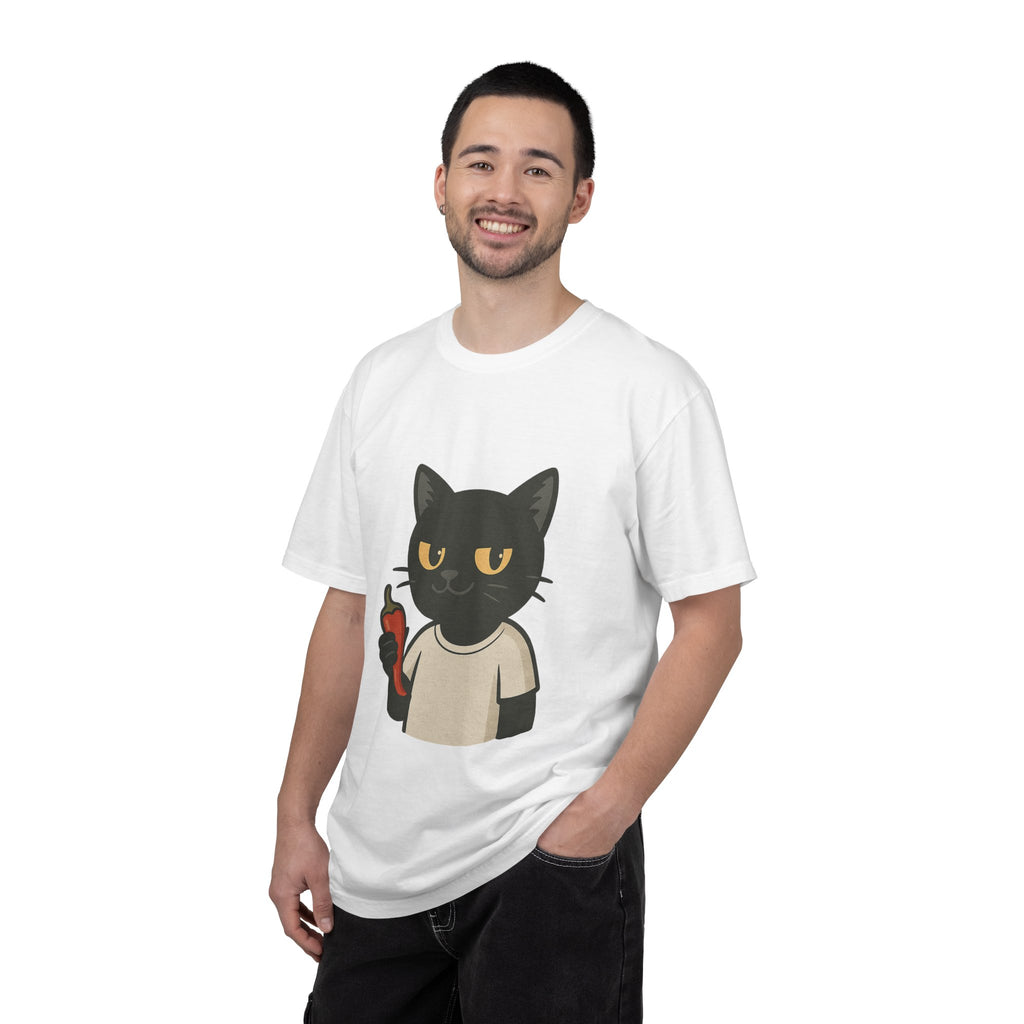 Black Cat Holding Hot Sauce T-Shirt — Cute Spicy Cat Graphic Tee