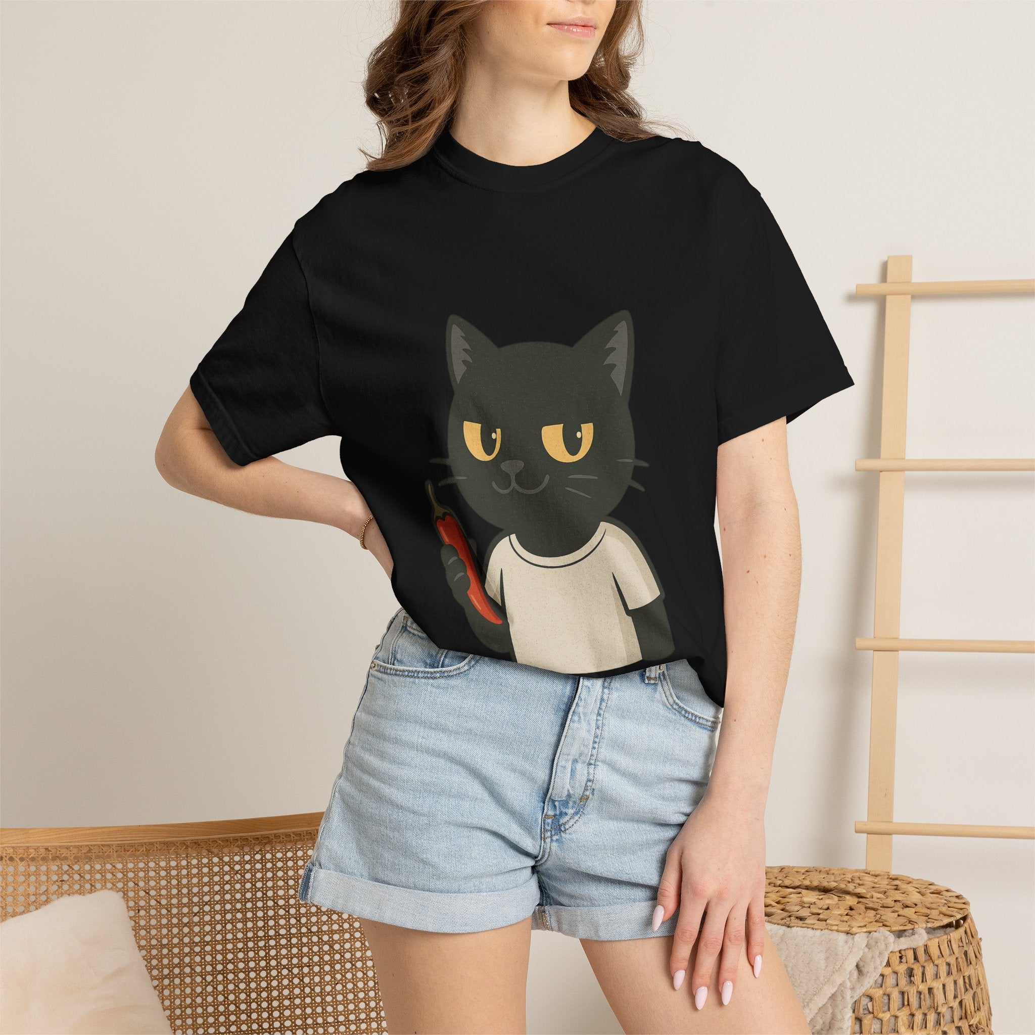 Black Cat Holding Hot Sauce T-Shirt — Cute Spicy Cat Graphic Tee