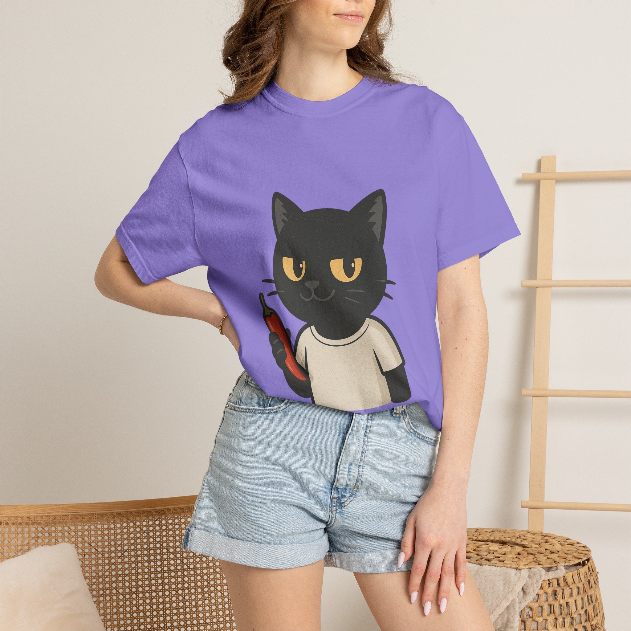 Black Cat Holding Hot Sauce T-Shirt — Cute Spicy Cat Graphic Tee
