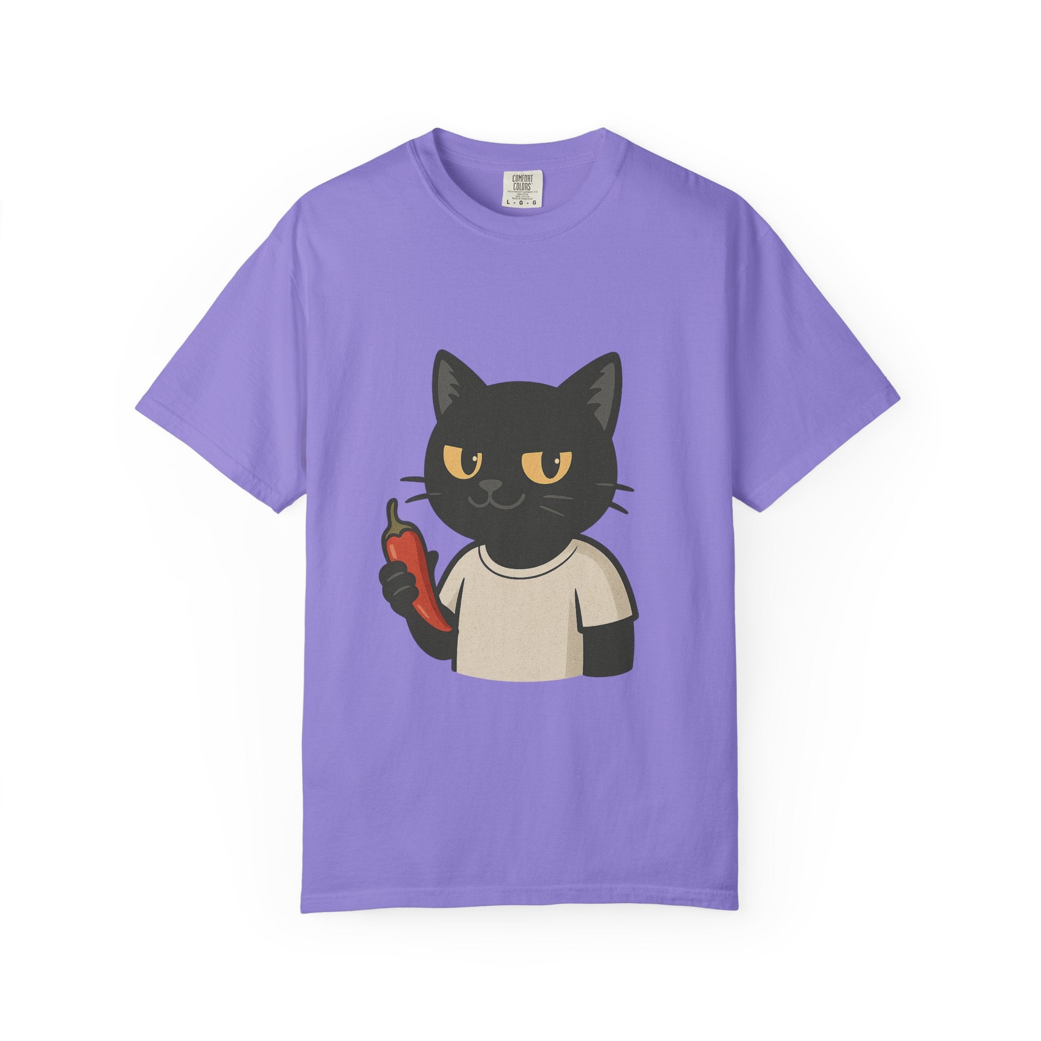 Black Cat Holding Hot Sauce T-Shirt — Cute Spicy Cat Graphic Tee