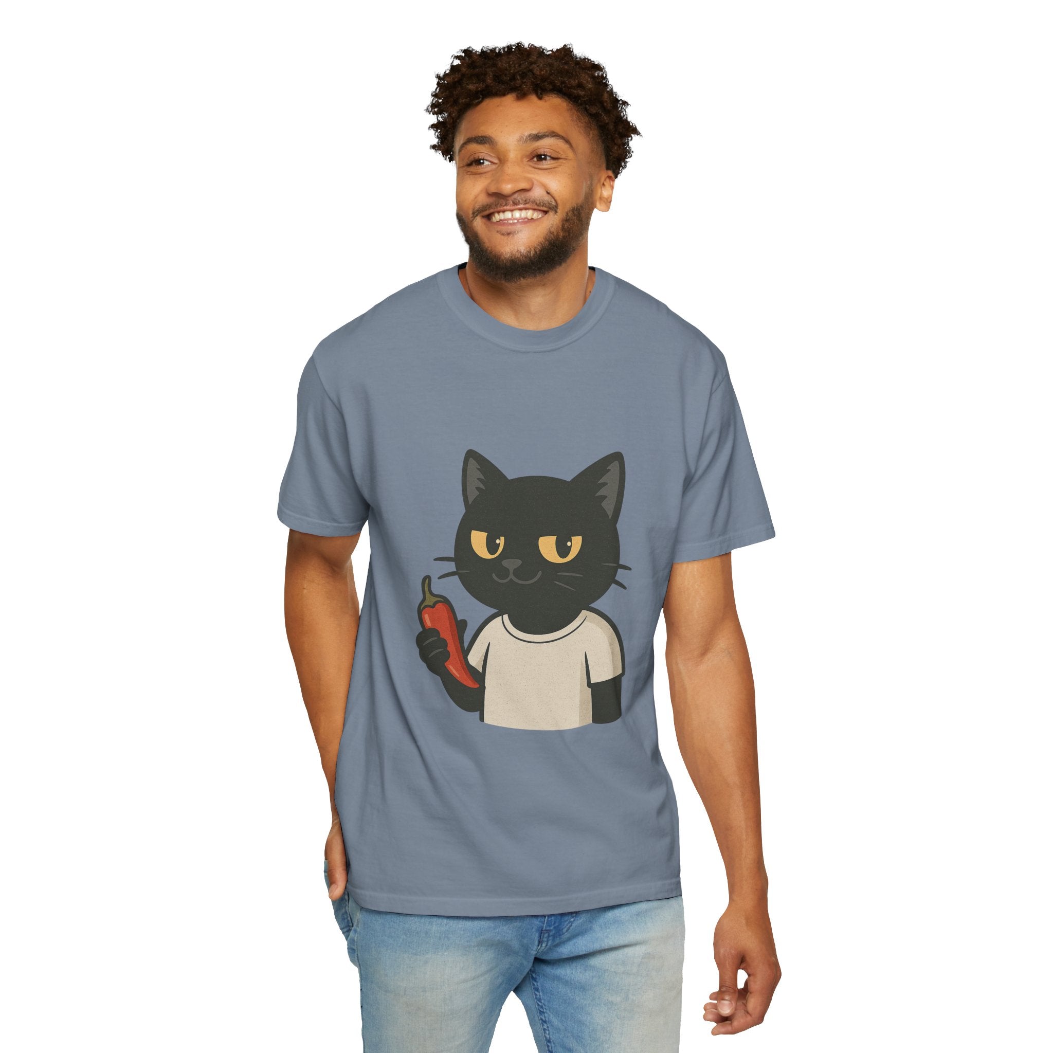 Black Cat Holding Hot Sauce T-Shirt — Cute Spicy Cat Graphic Tee