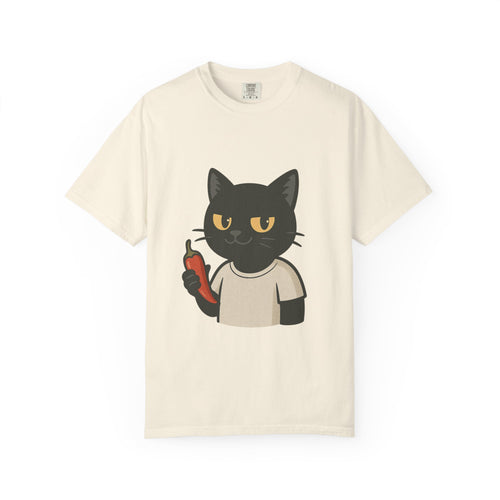 Black Cat Holding Hot Sauce T-Shirt — Cute Spicy Cat Graphic Tee