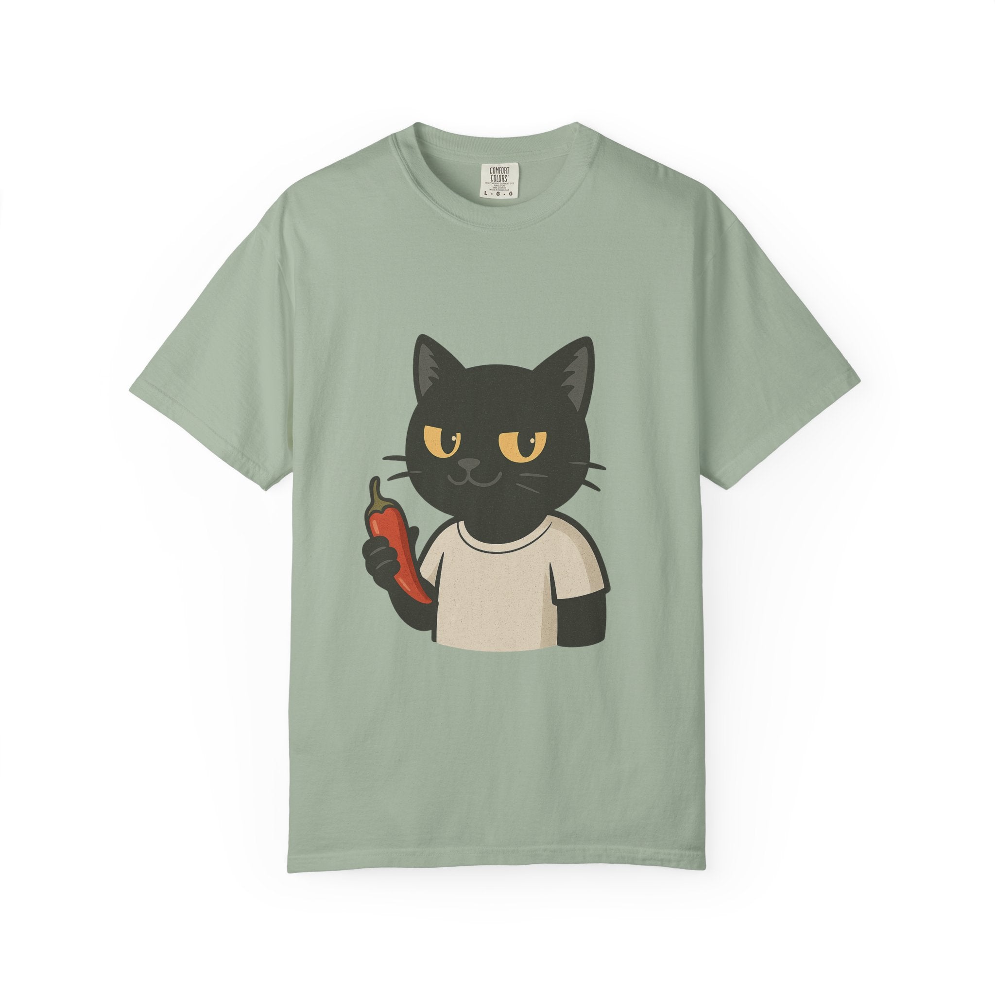 Black Cat Holding Hot Sauce T-Shirt — Cute Spicy Cat Graphic Tee