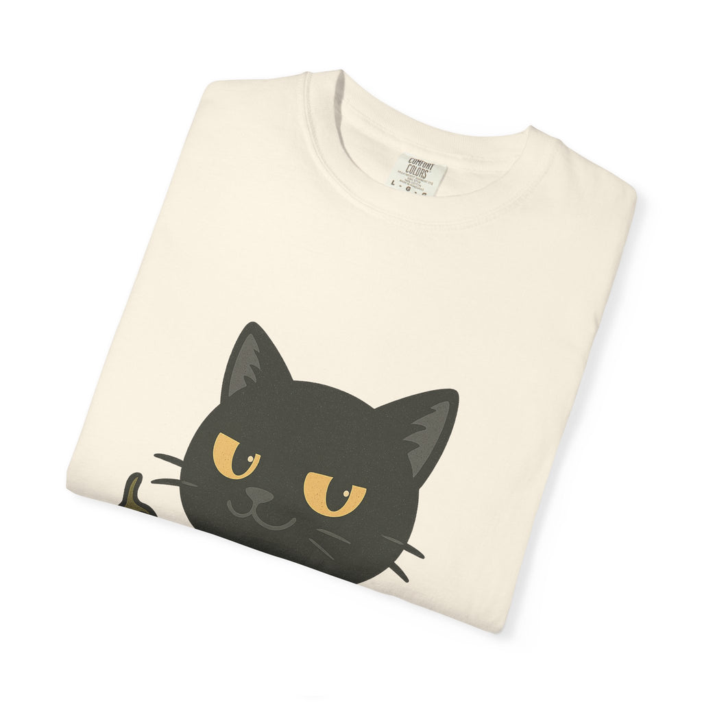 Black Cat Holding Hot Sauce T-Shirt — Cute Spicy Cat Graphic Tee