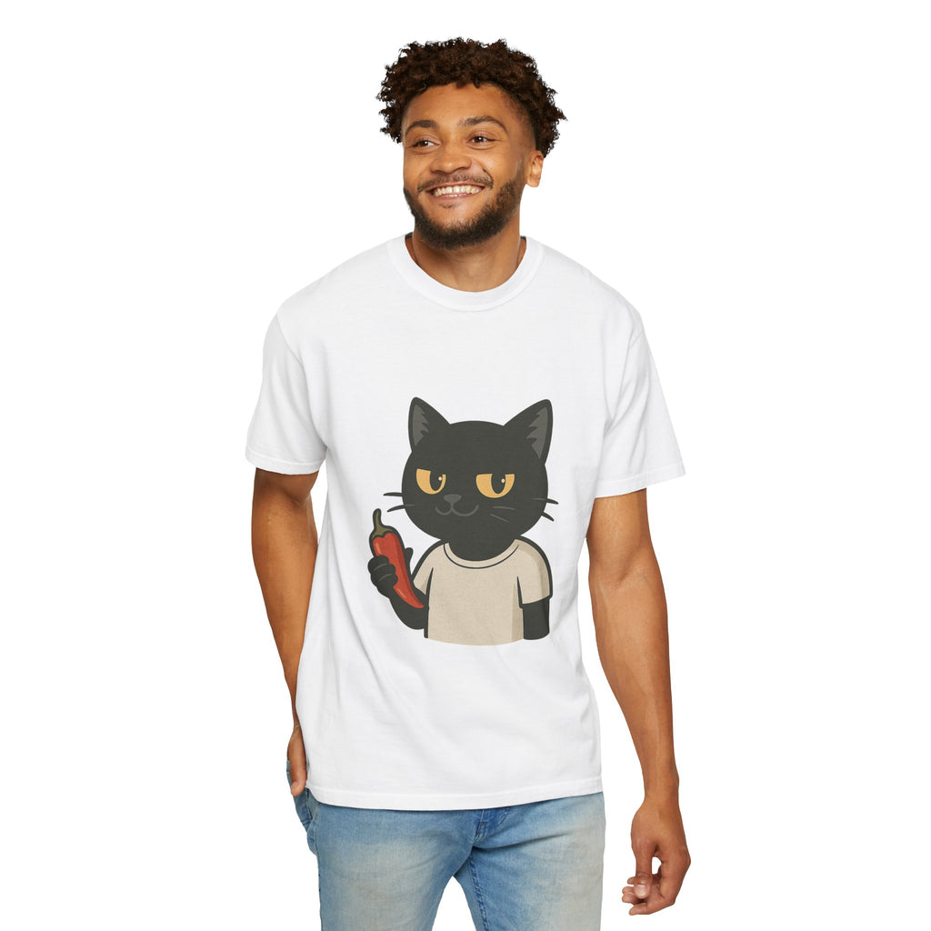 Black Cat Holding Hot Sauce T-Shirt — Cute Spicy Cat Graphic Tee