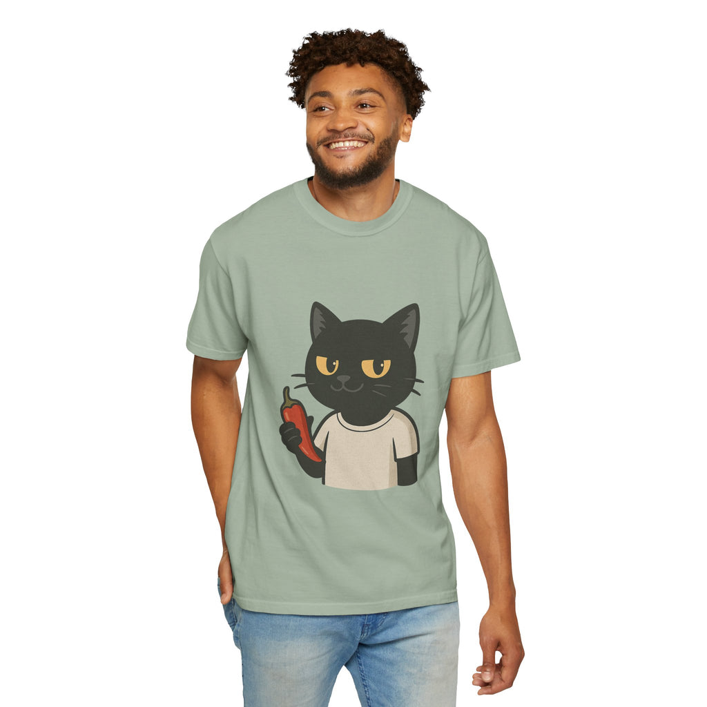 Black Cat Holding Hot Sauce T-Shirt — Cute Spicy Cat Graphic Tee
