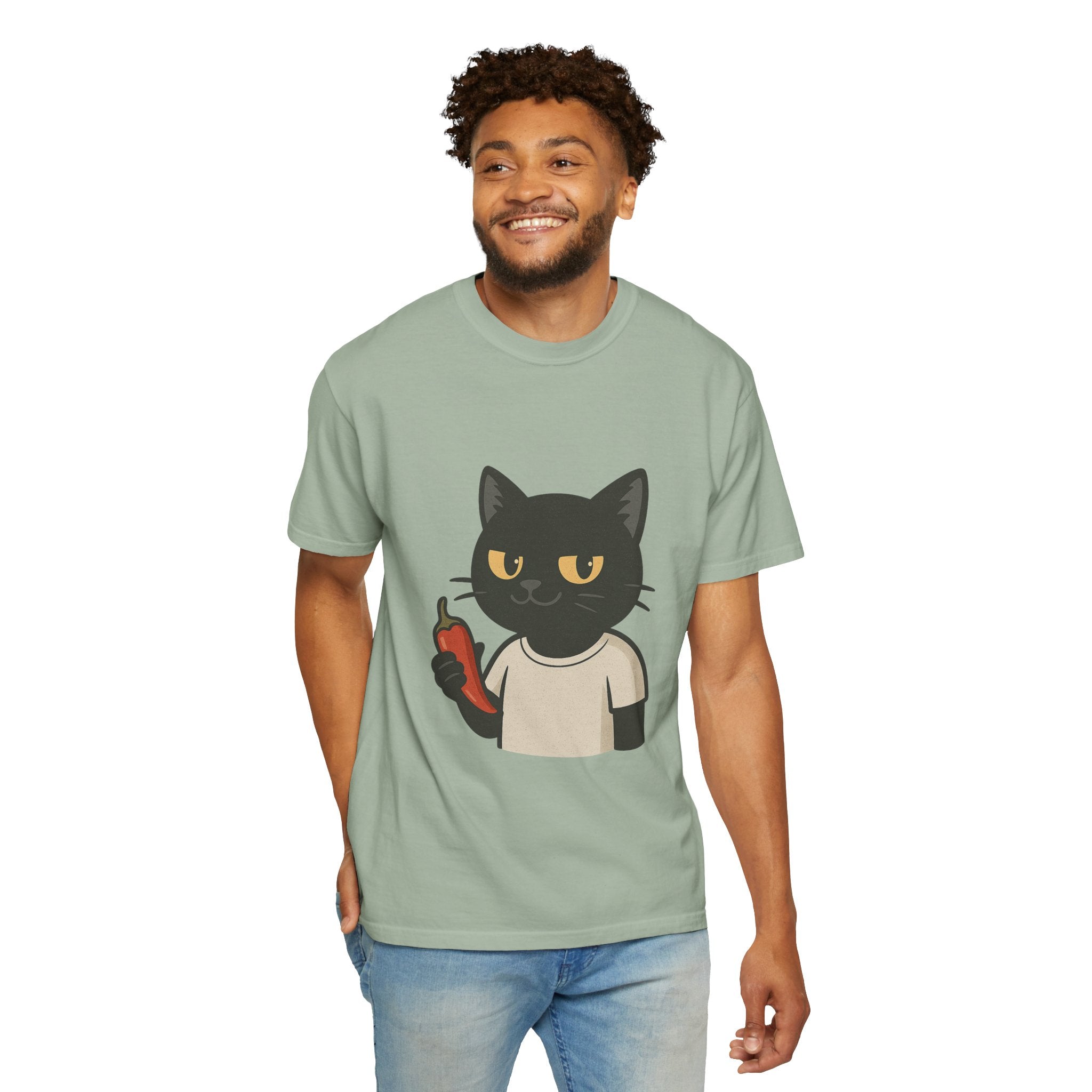 Black Cat Holding Hot Sauce T-Shirt — Cute Spicy Cat Graphic Tee