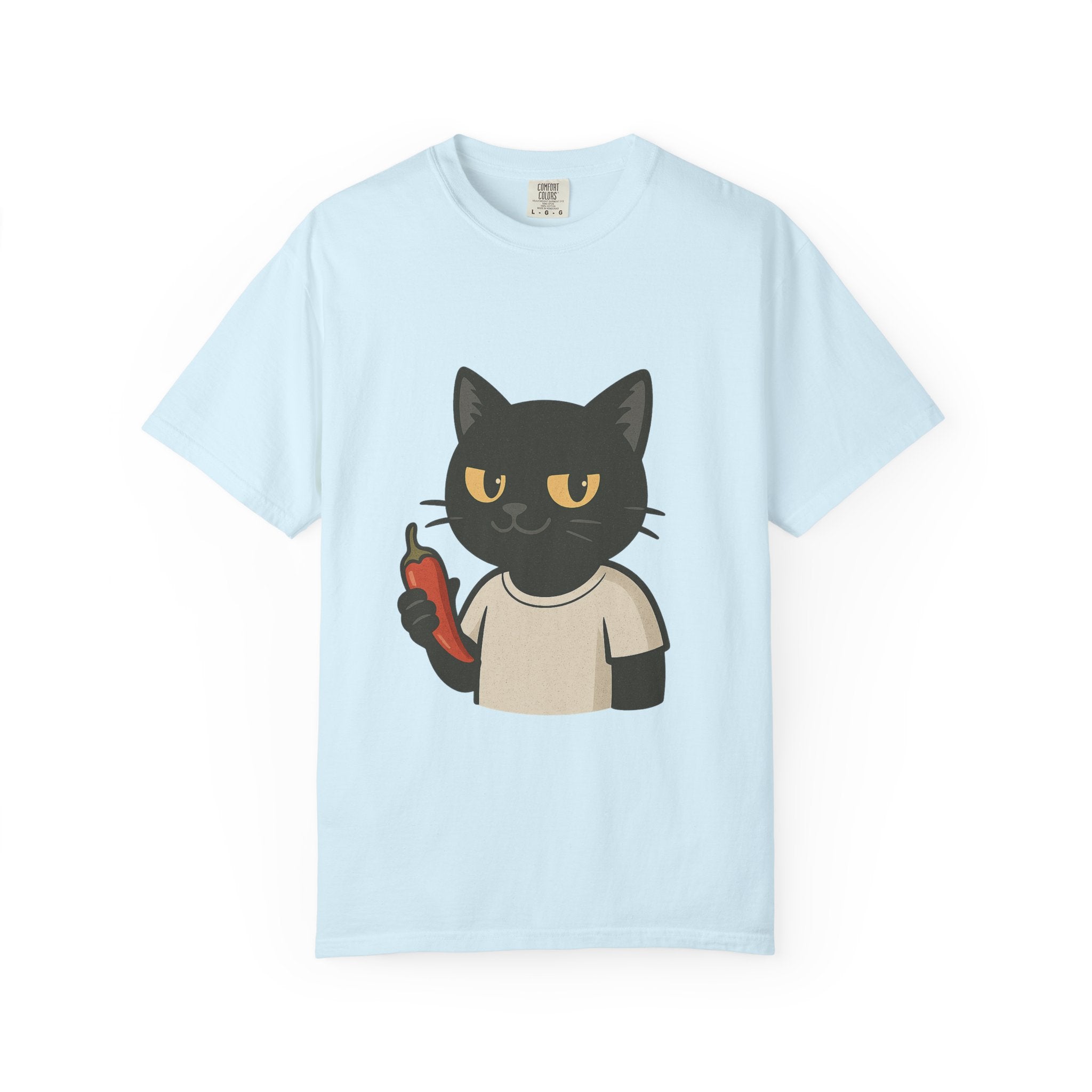 Black Cat Holding Hot Sauce T-Shirt — Cute Spicy Cat Graphic Tee